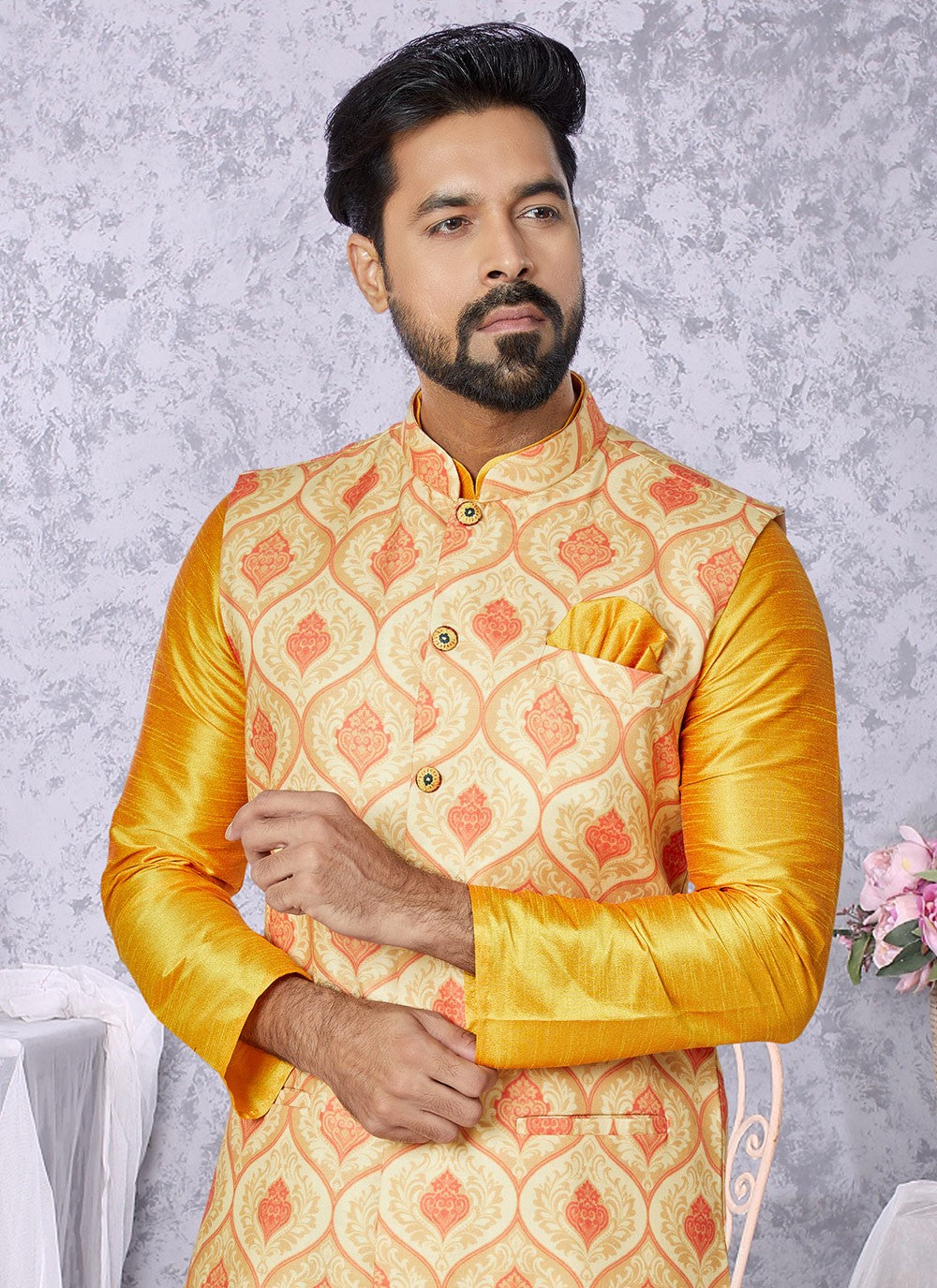 Digital Print Cotton , Dupion Silk Mustard, Yellow Kurta Payjama With Jacket - M5525