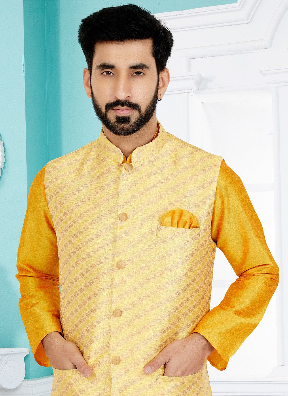 Fancy Work Jacquard Mustard, Yellow Kurta Payjama With Jacket - M5512