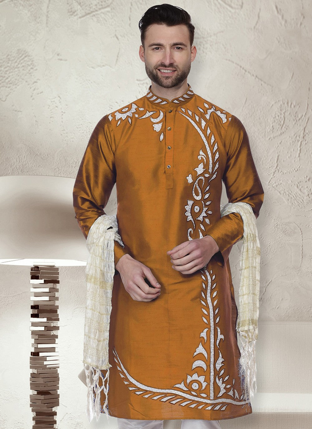 Embroidered Art Dupion Silk Mustard Kurta - M1483