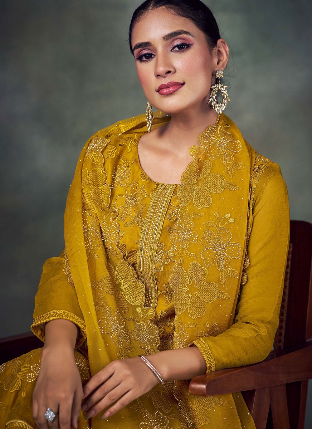 Salwar Suit Embroidered Mustard Chiffon T5500