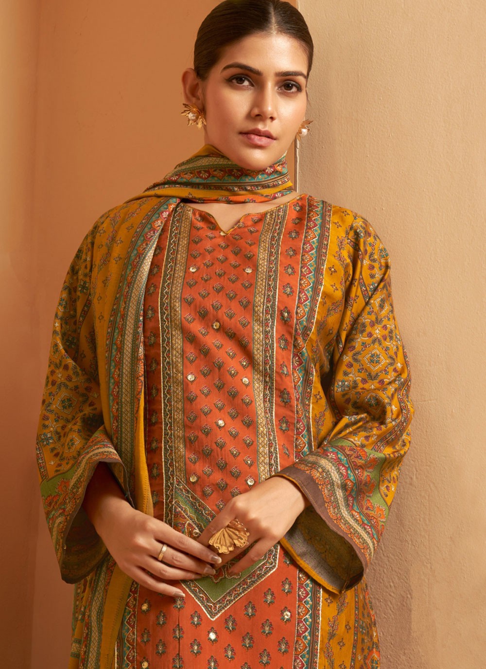Salwar Suit Embroidered Mustard Muslin T5179
