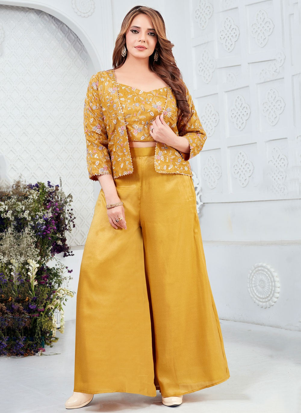 Jacket Style Suit Embroidered Mustard Silk T5879