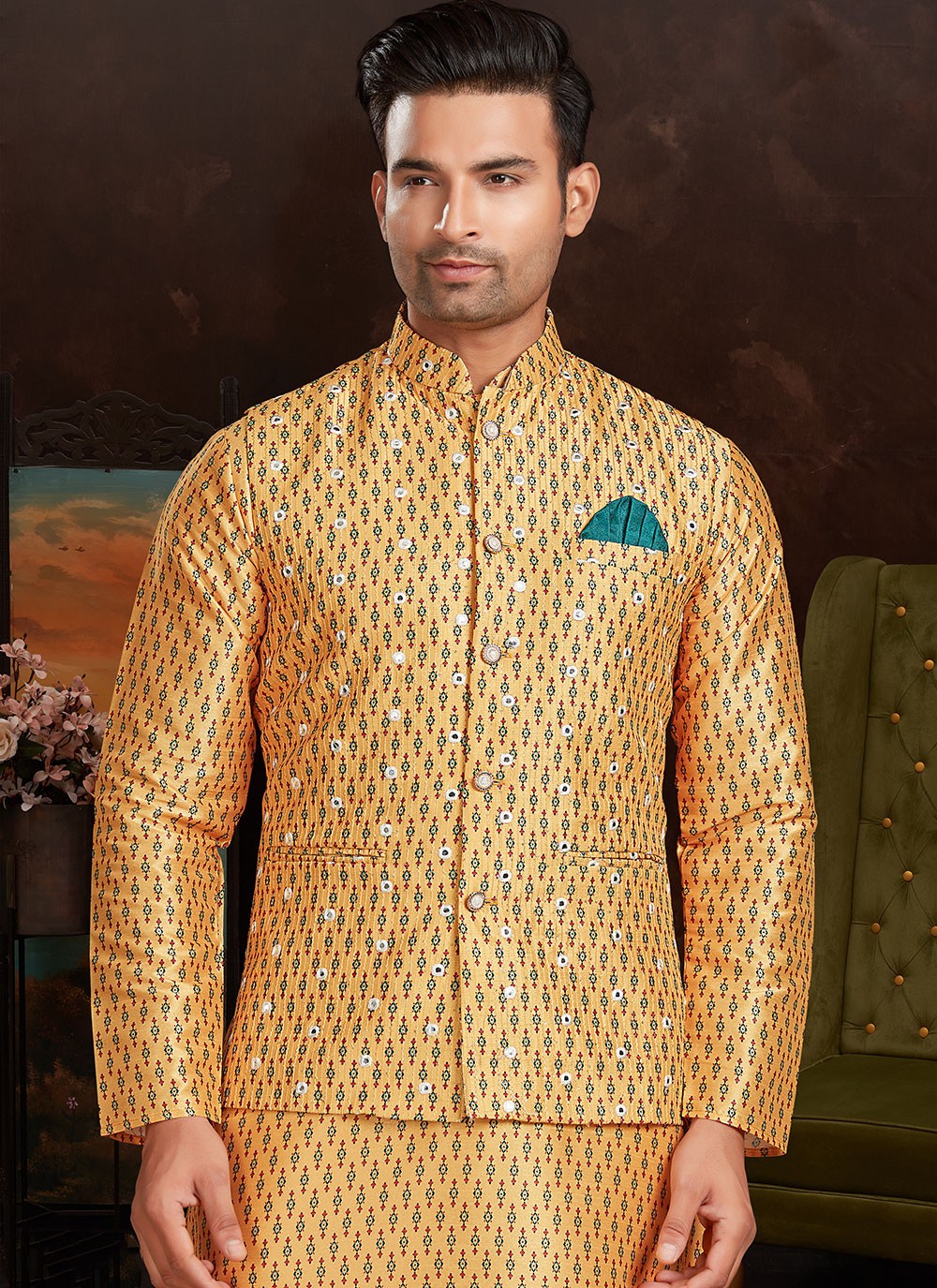 Mirror Silk Mustard Nehru Jackets - M3390