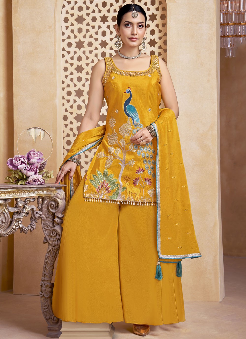 Pant Style Suit Embroidered, Zari Mustard T8256