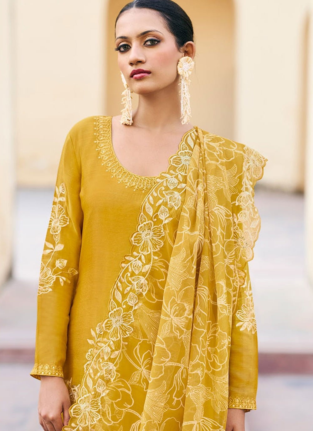 Palazzo Suit Embroidered Mustard T7669