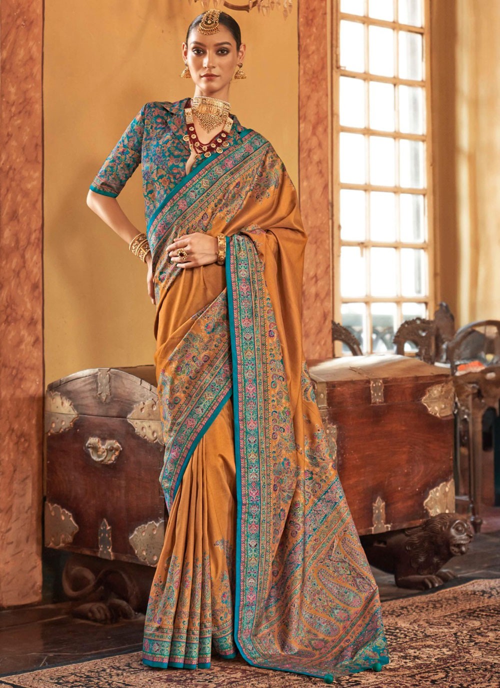 Printed Silk Mustard Saree S14339