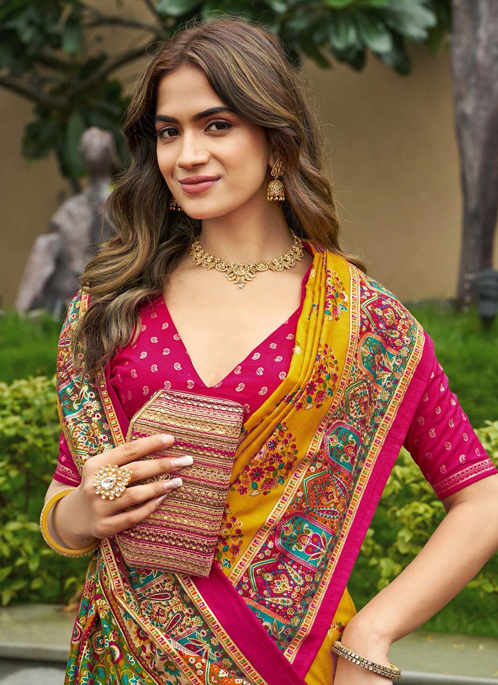 Mustard Silk Contemporary Saree Digital Print S19349