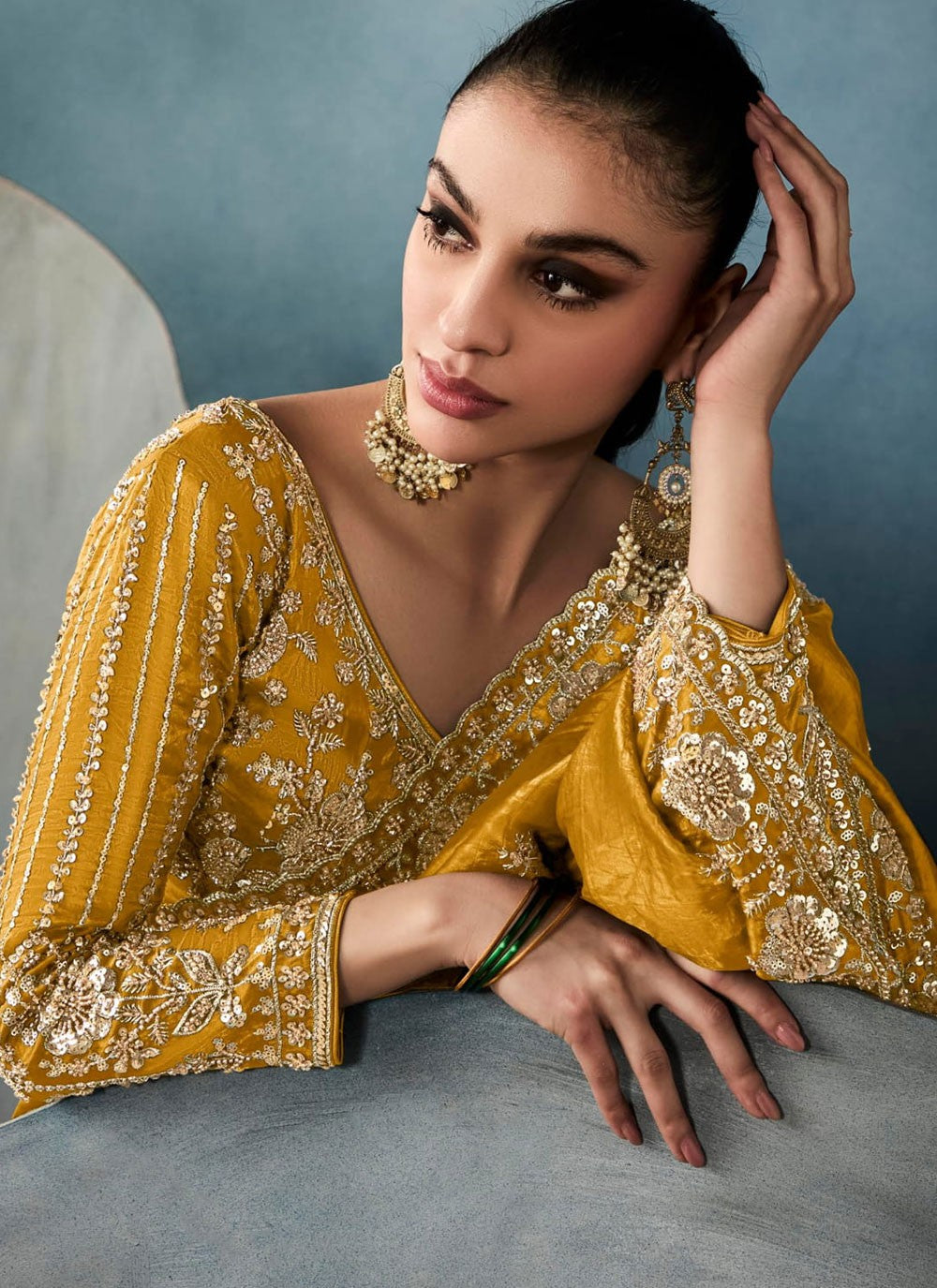 Mustard Tissue Trendy Saree Embroidered, Sequins, Zari S19850