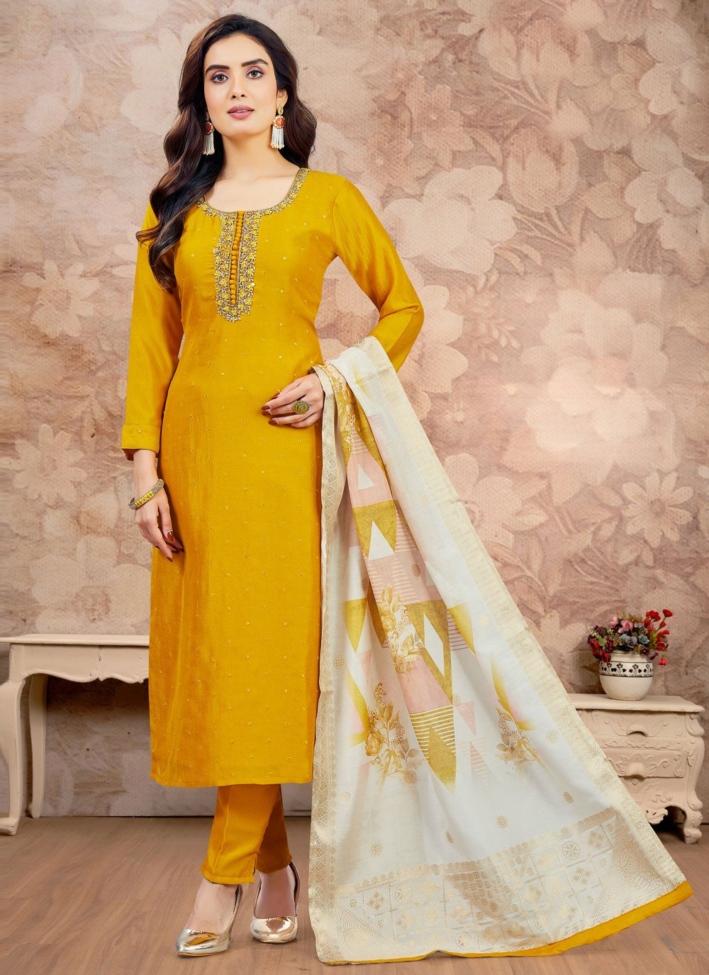Pant Style Suit Embroidered Mustard T8083