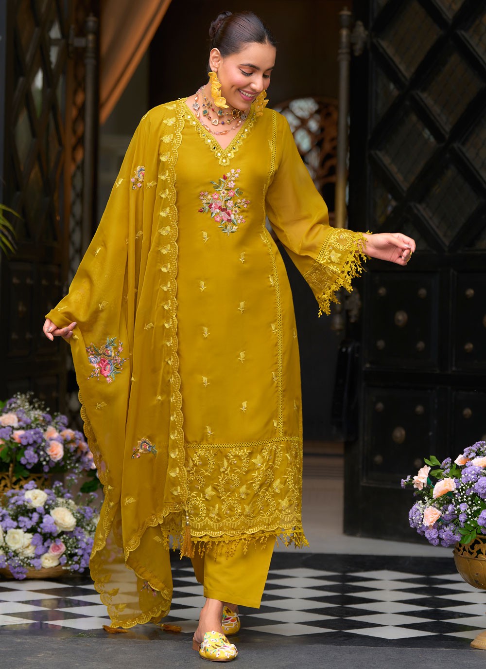 Salwar Suit Embroidered Mustard Organza T5483