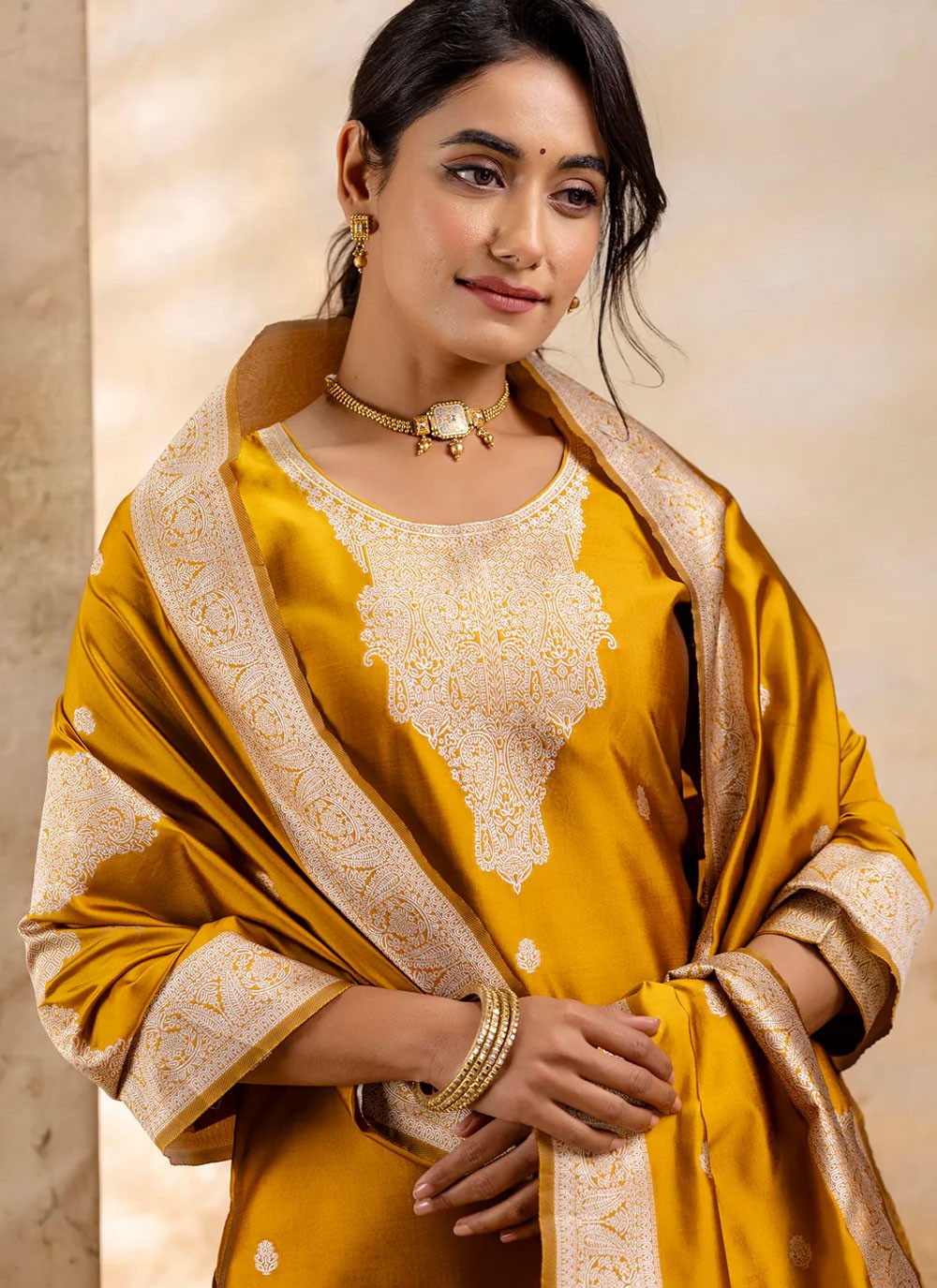 Pant Style Suit Embroidered Mustard T6845