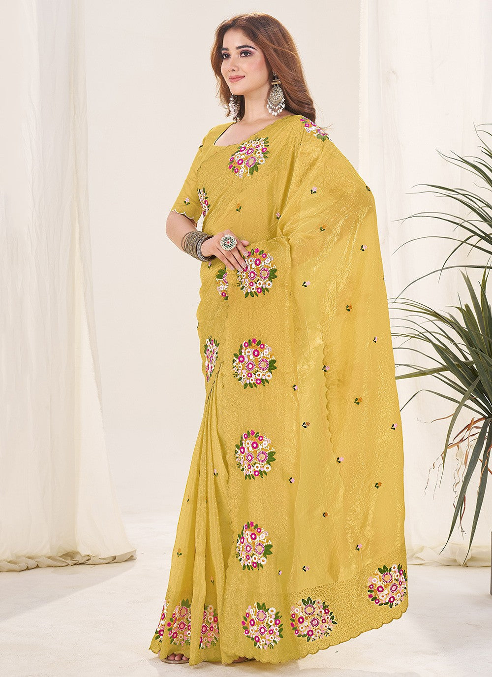 Mustard Crush Classic Saree Cut Work, Embroidered, Thread S19135
