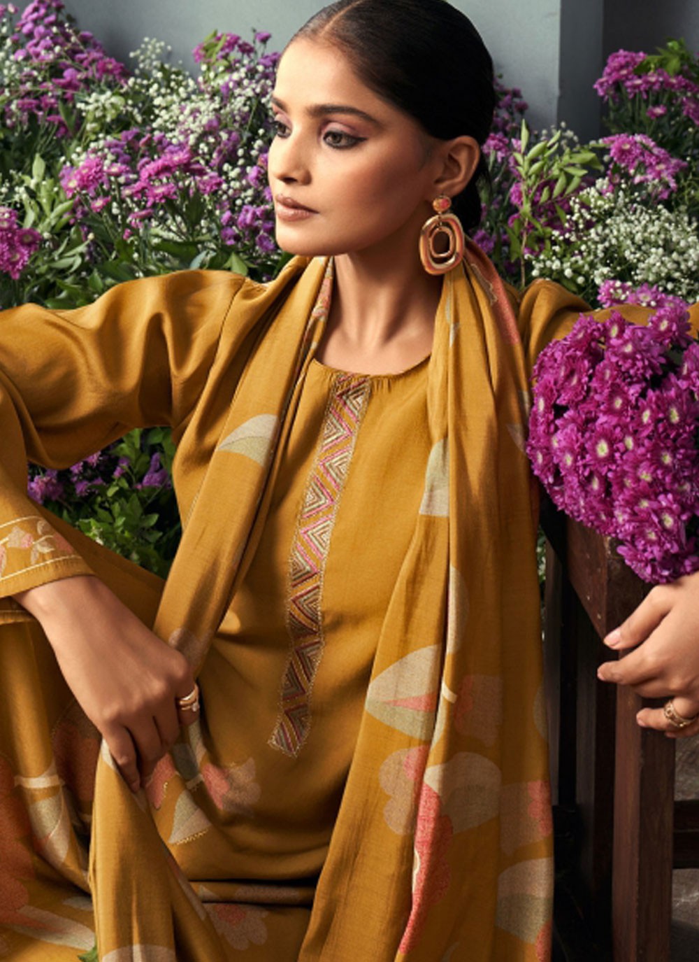 Salwar Suit Embroidered Mustard Muslin T5101