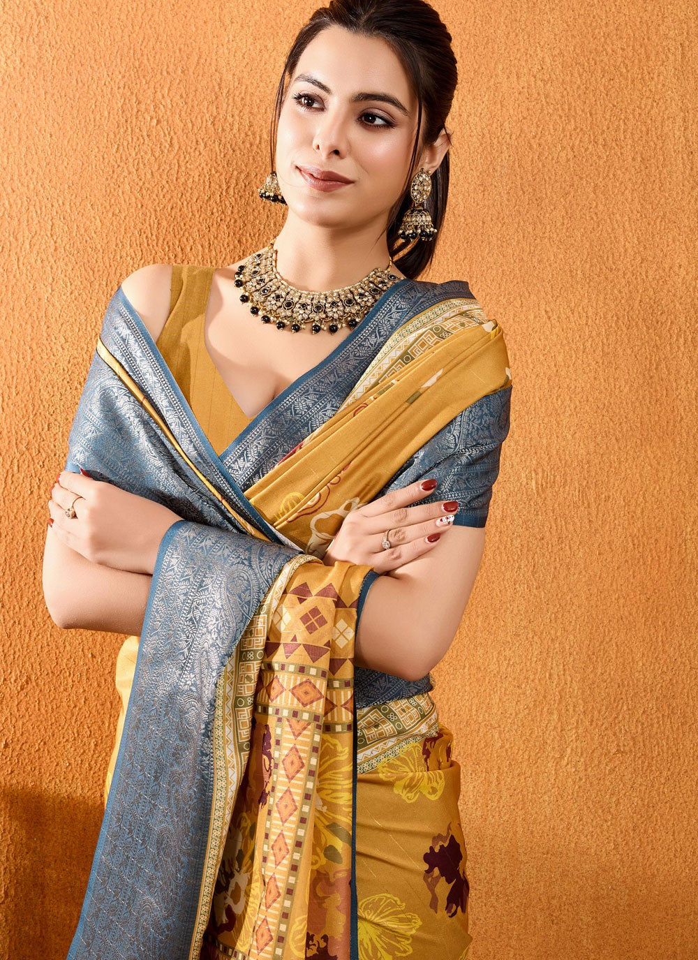 Floral Printed Silk Mustard Saree S13781