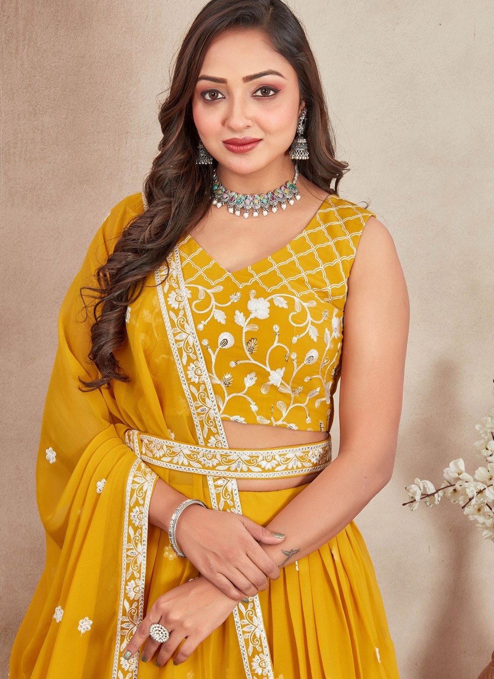 Embroidered Georgette Mustard Lehenga - L3284