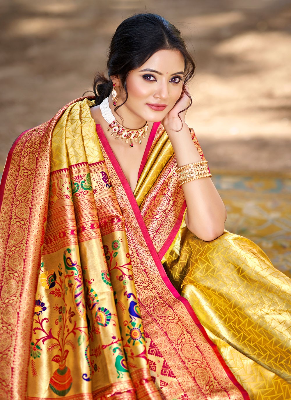 Mustard Kanjivaram Silk Contemporary Saree Weaving Zari S17751