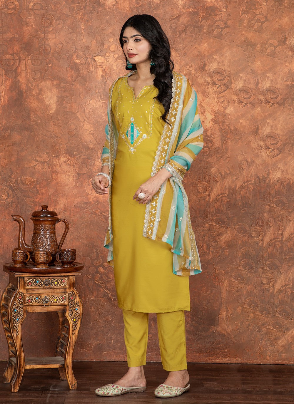 Pant Style Suit Embroidered Mustard Chanderi Cotton T5026
