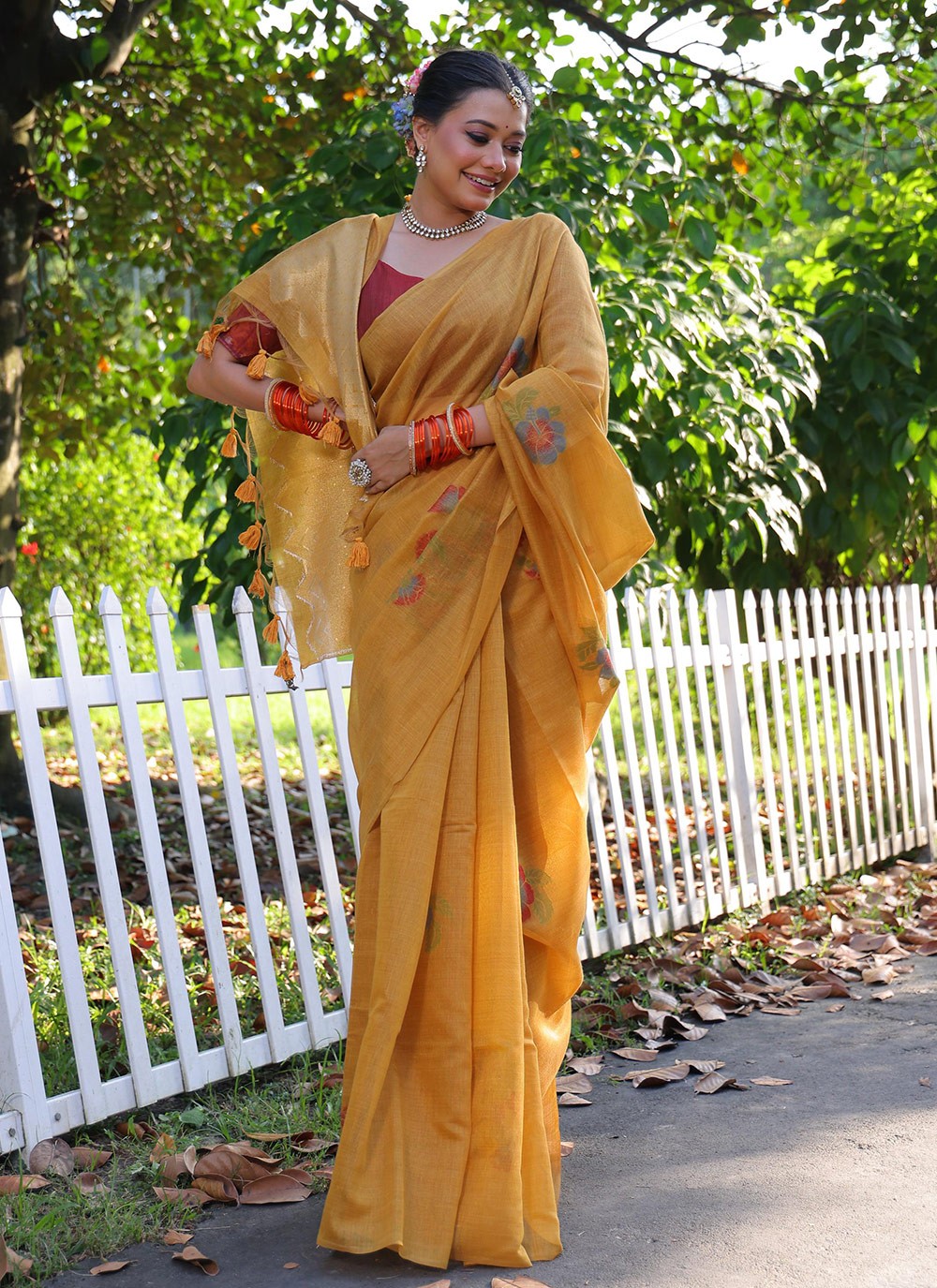 Printed Cotton Mustard Saree S14047