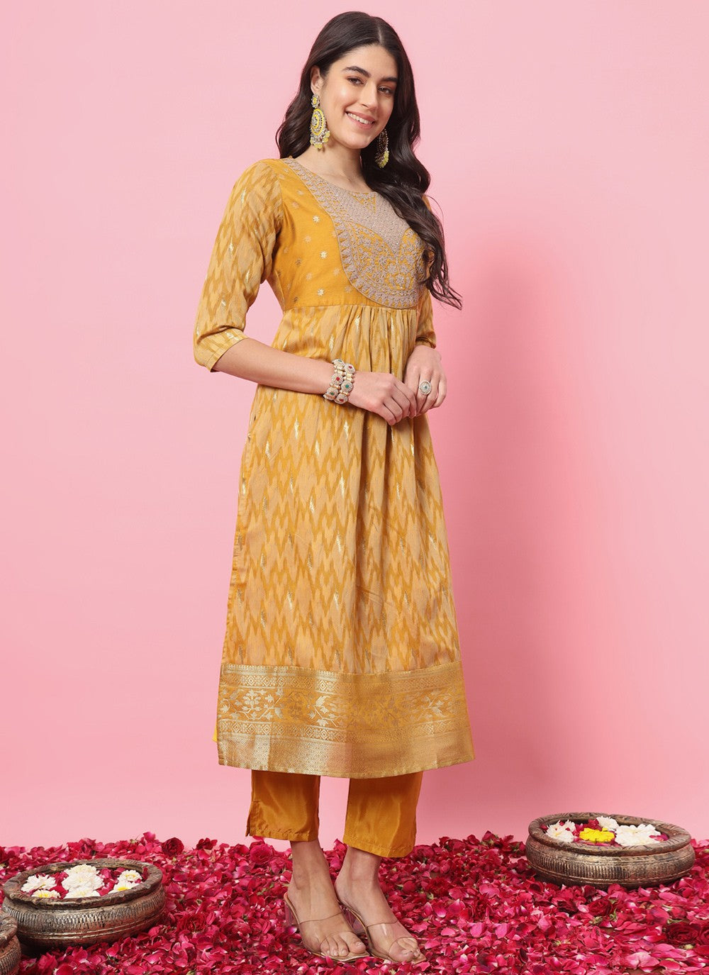 Pant Style Suit Embroidered, Printed Mustard T7214