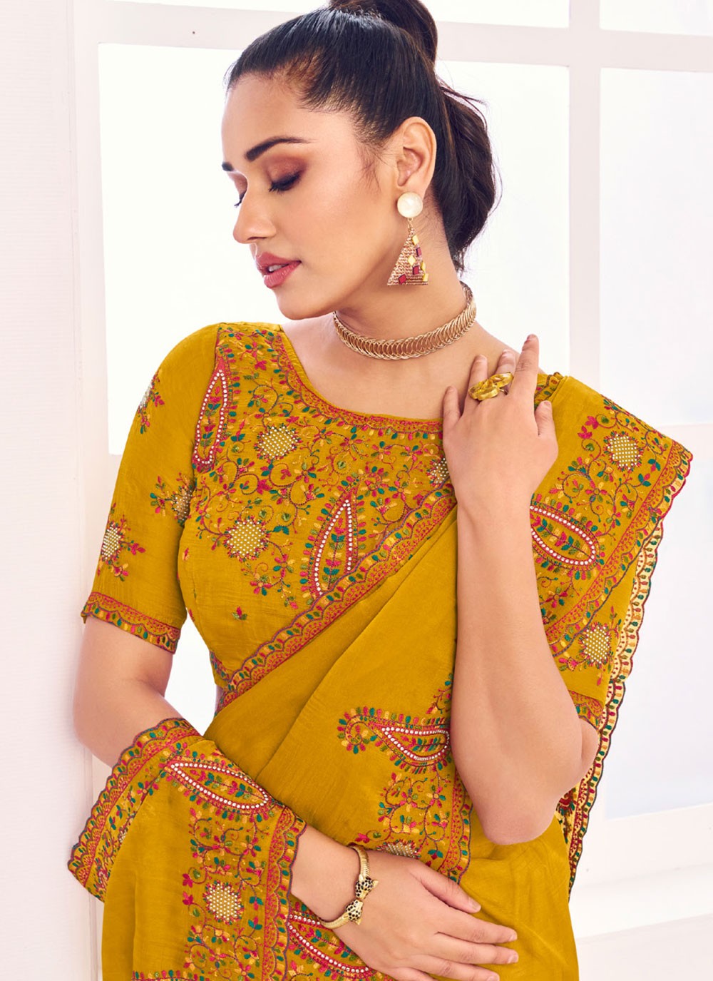 Contemporary Border Work Mustard Silk S12570