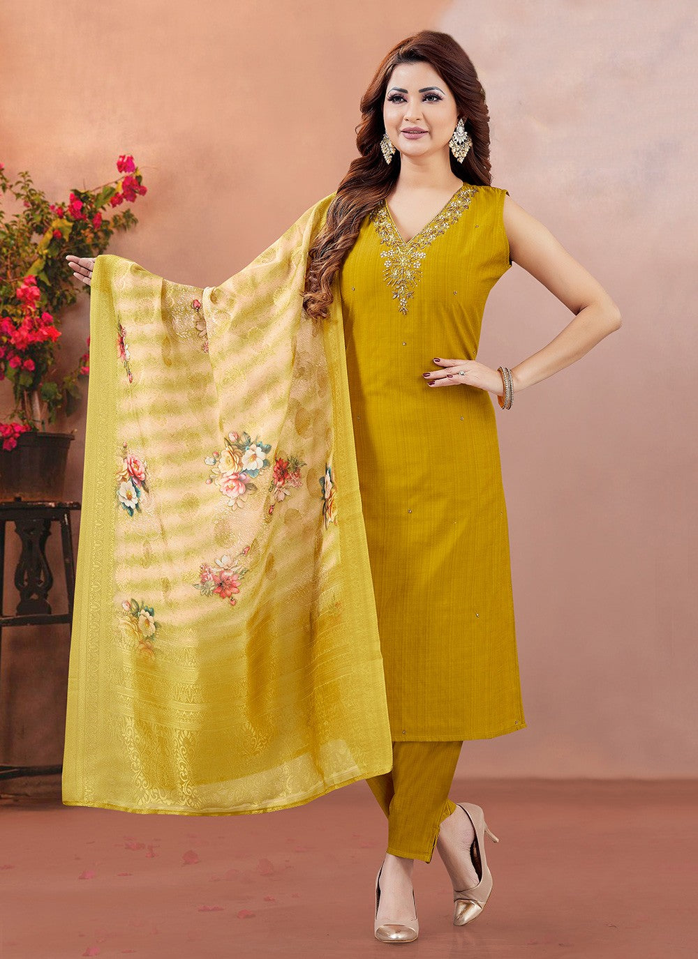 Pant Style Suit Embroidered Mustard T8040