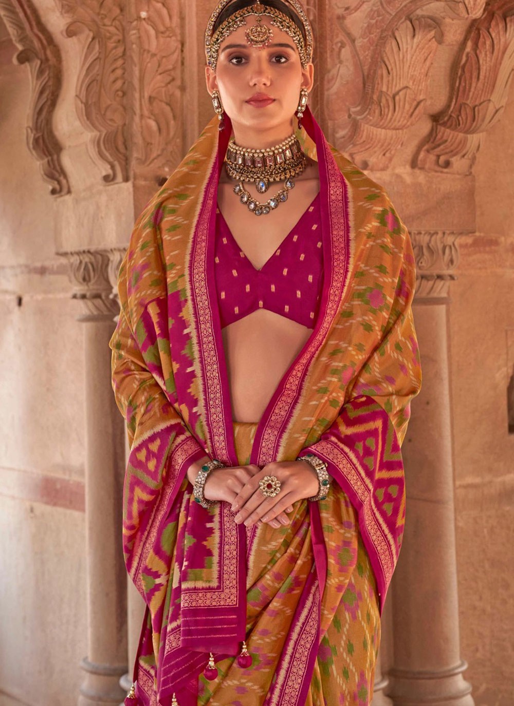 Contemporary Strips Mustard Georgette Saree S13198