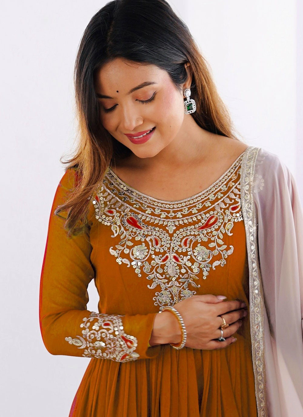 Anarkali Embroidered, Multi Work, Sequins, Thread, Zari Mustard T7576