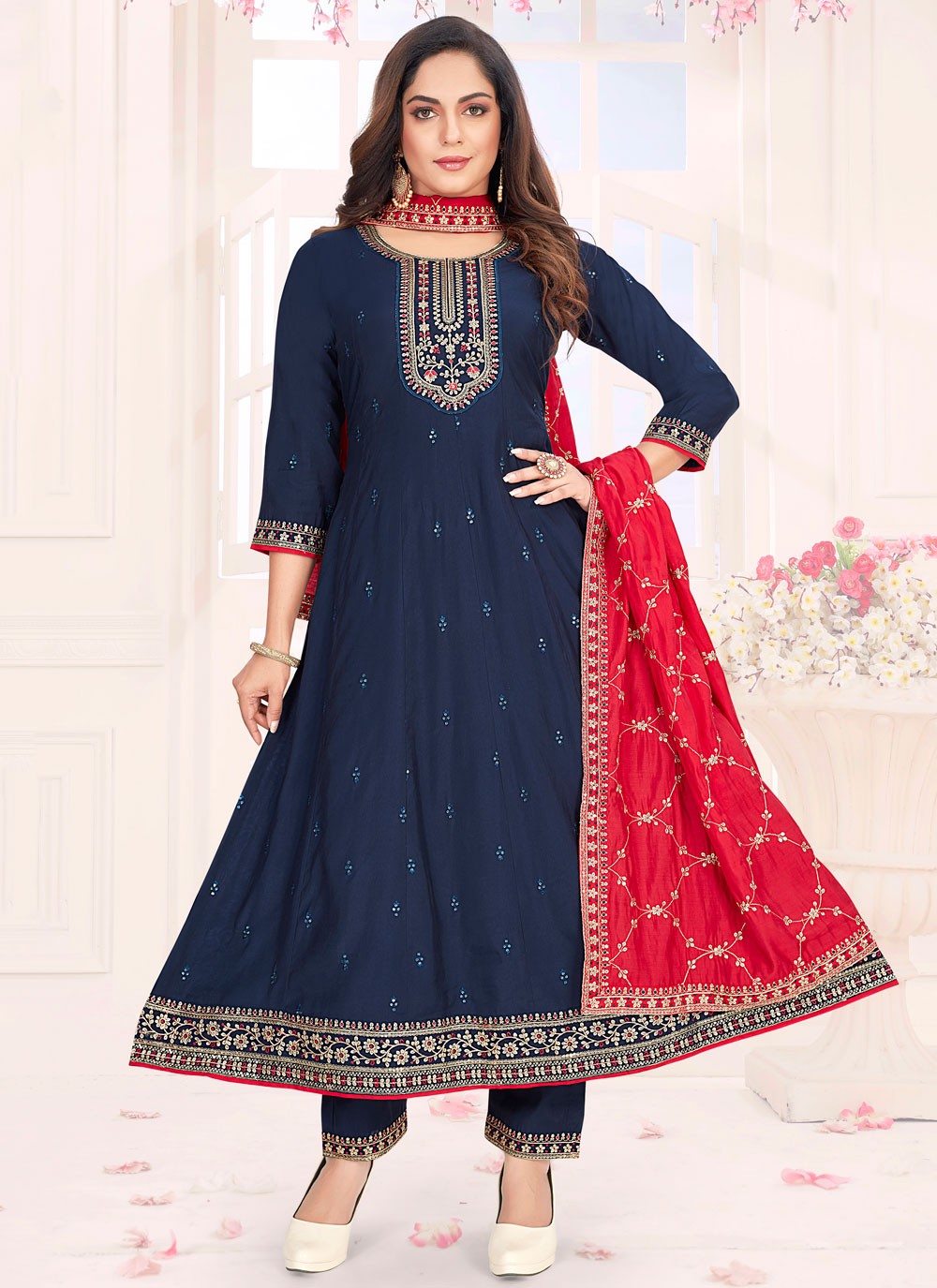 Anarkali Embroidered Navy Blue Silk T5763