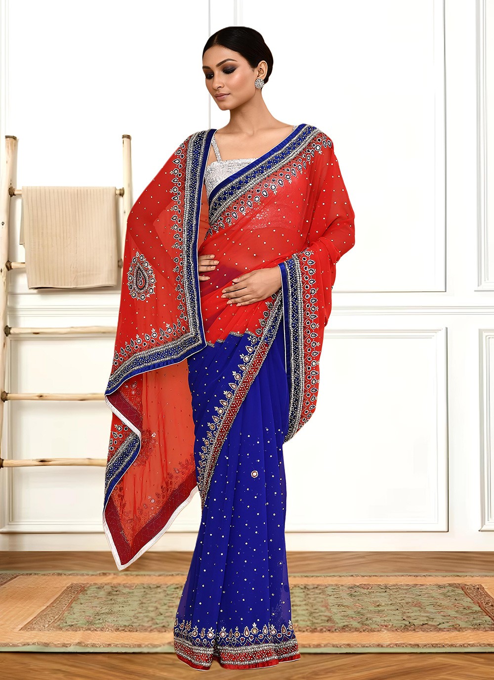 Hand Embroidery Georgette Navy Blue Saree S14261