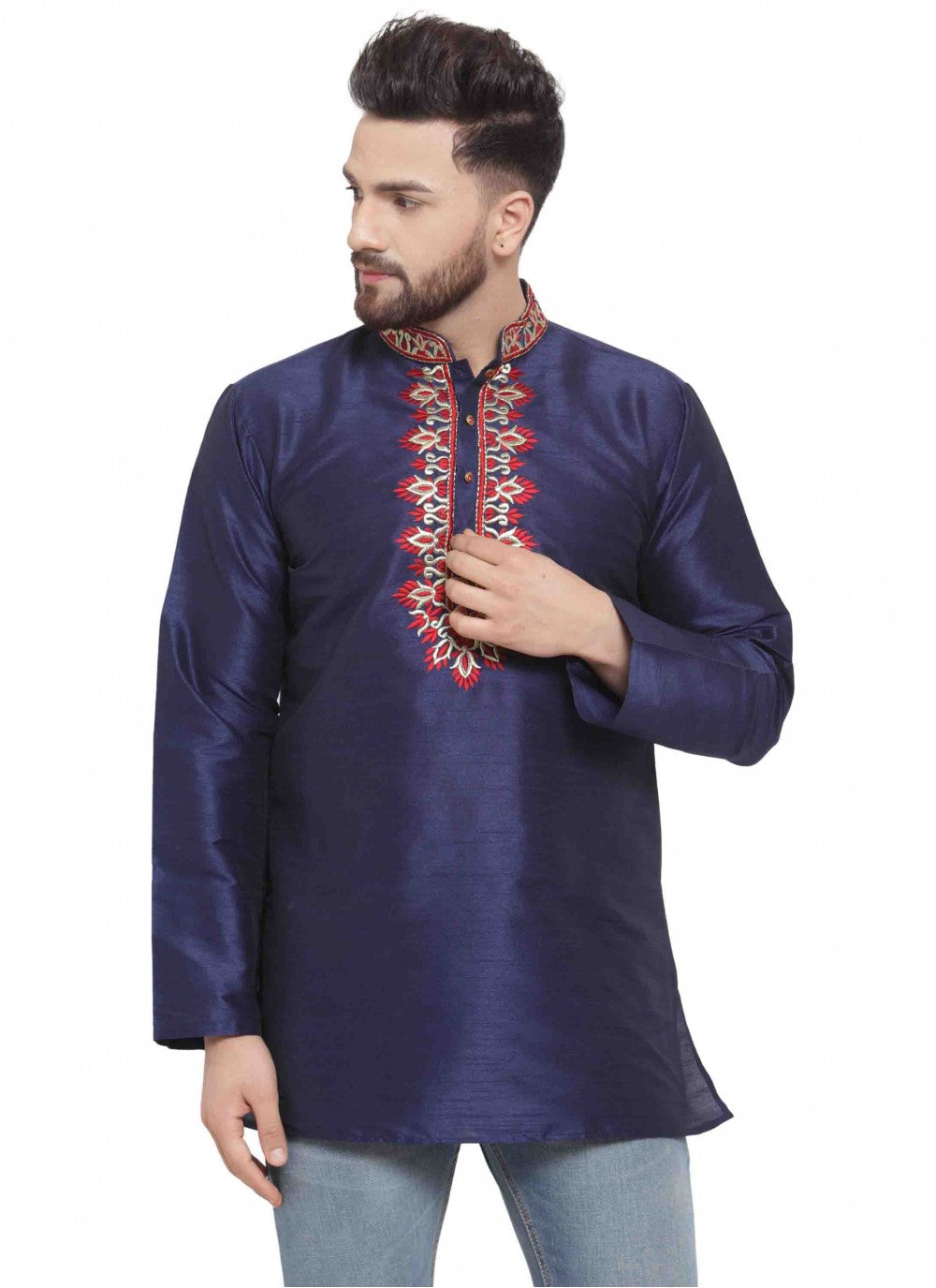 Embroidered Art Dupion Silk Navy Blue Kurta - M1694
