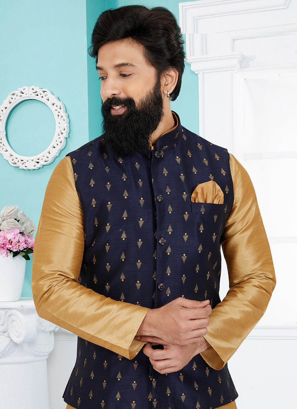 Printed Banarasi Silk Navy Blue Nehru Jackets - M7482