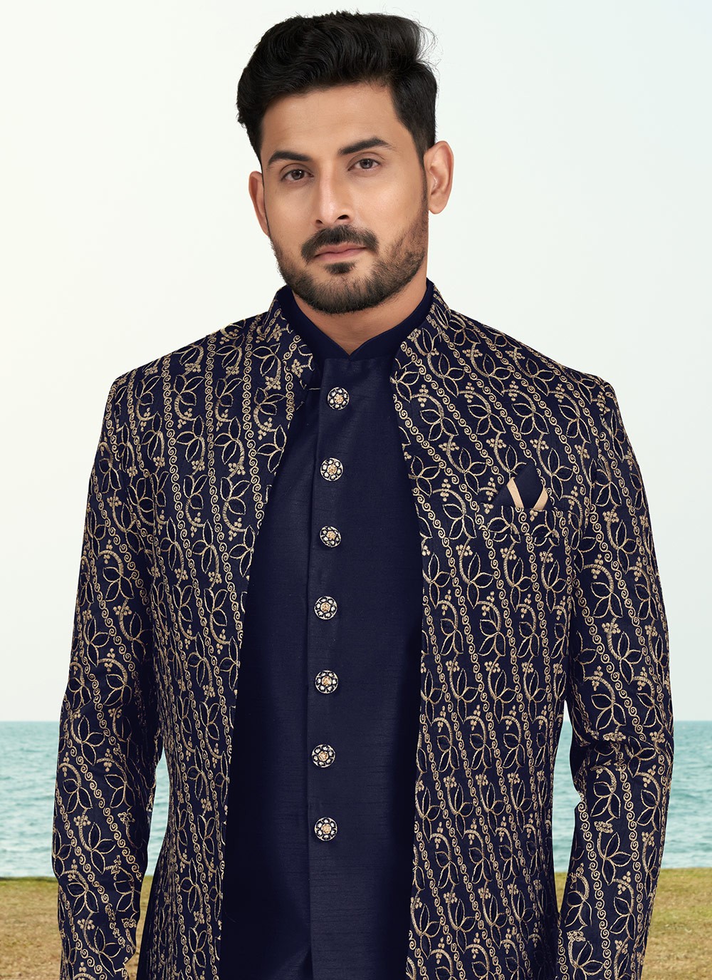Machine Embroidery Banarasi Silk Navy Blue Sherwani - M6778