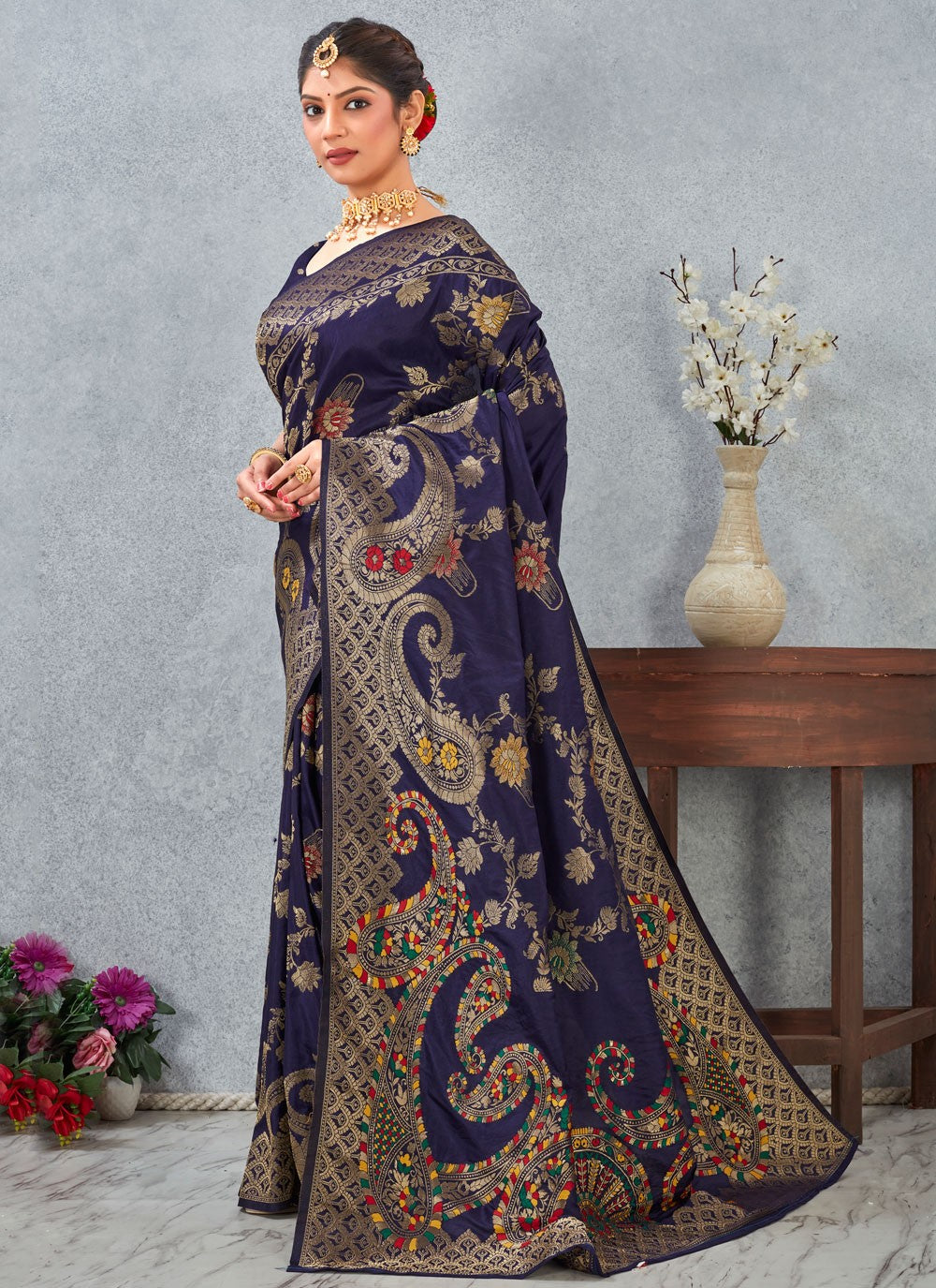Navy Blue Banarasi Silk Traditional Saree Weaving Zari S20126