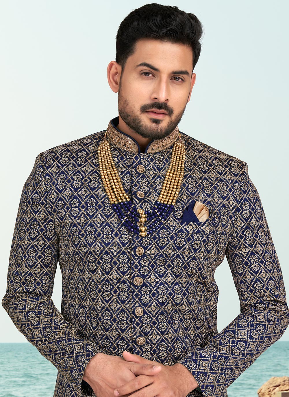 Hand Embroidery Banarasi Silk Navy Blue Sherwani - M6801