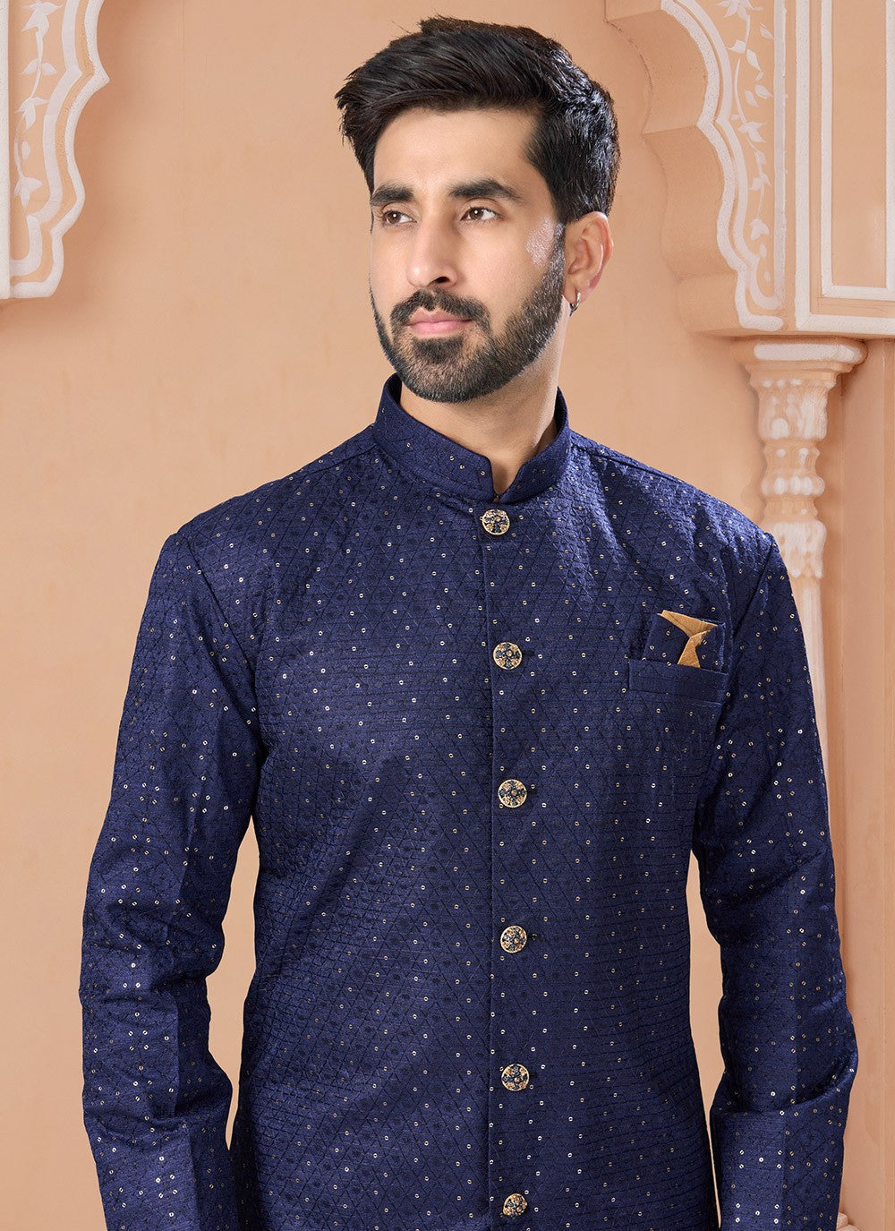 Machine Embroidery Banglori Silk Navy Blue Indo Western Sherwani - M7134