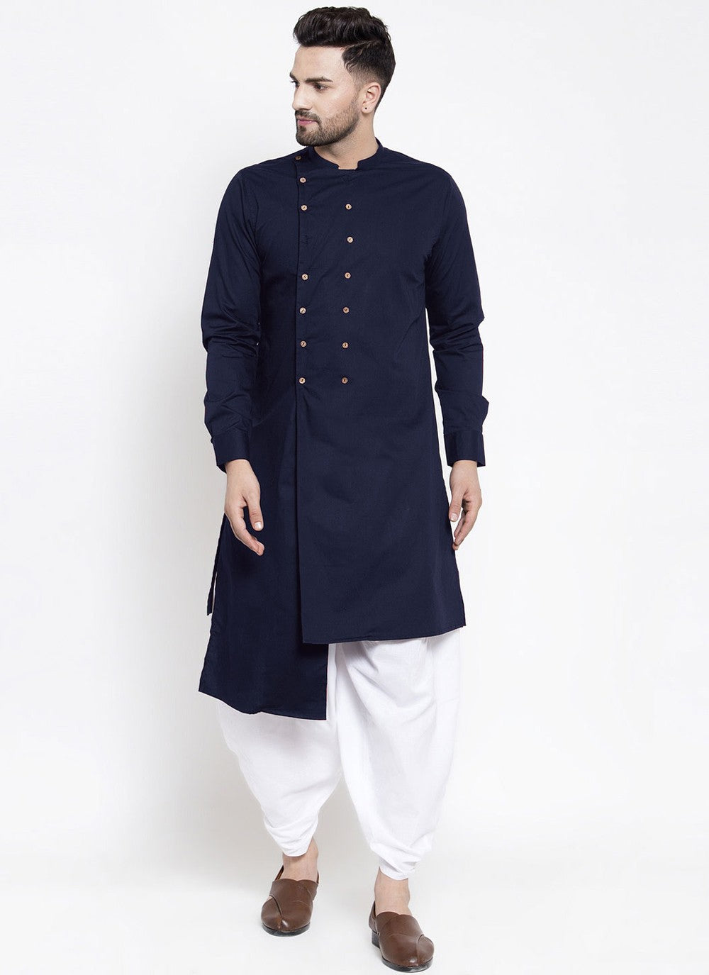 Buttons Blended Cotton Navy Blue Kurta - M4552
