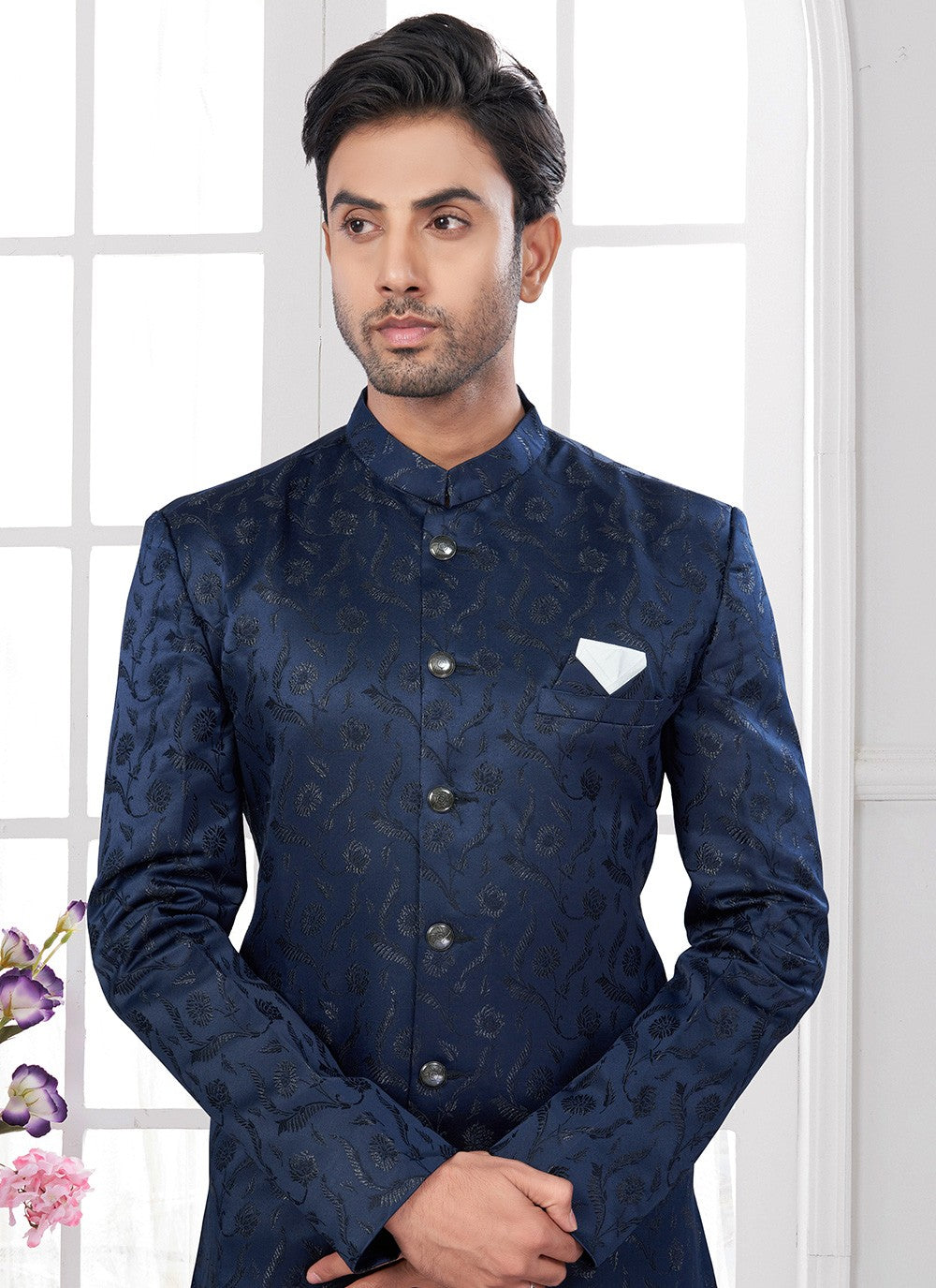 Buttons Imported, Jacquard Navy Blue Indo Western - M8643