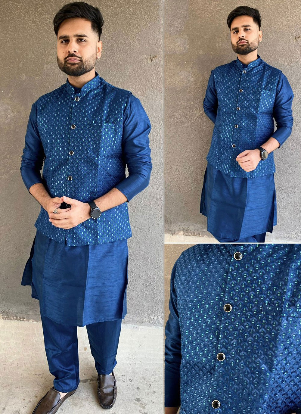 Embroidered Banglori Silk Navy Blue Kurta Payjama With Jacket - M6866