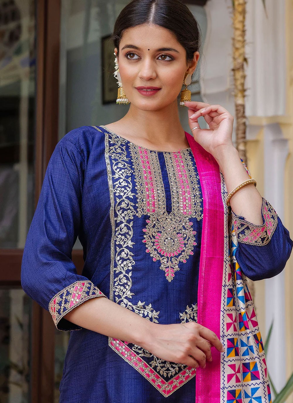 Pant Style Suit Embroidered, Zari Navy Blue T6859