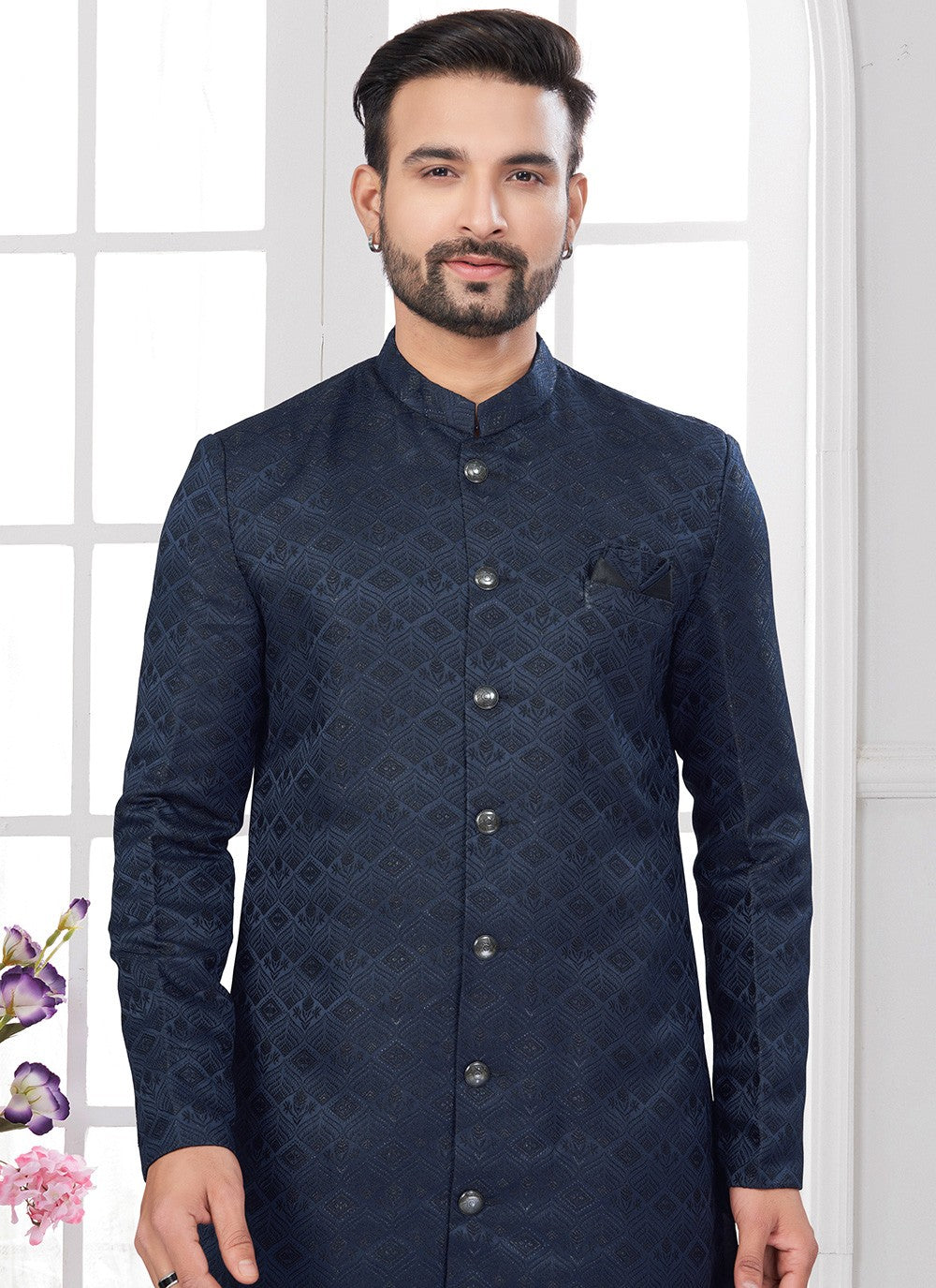 Buttons Imported, Jacquard Navy Blue Indo Western - M8661