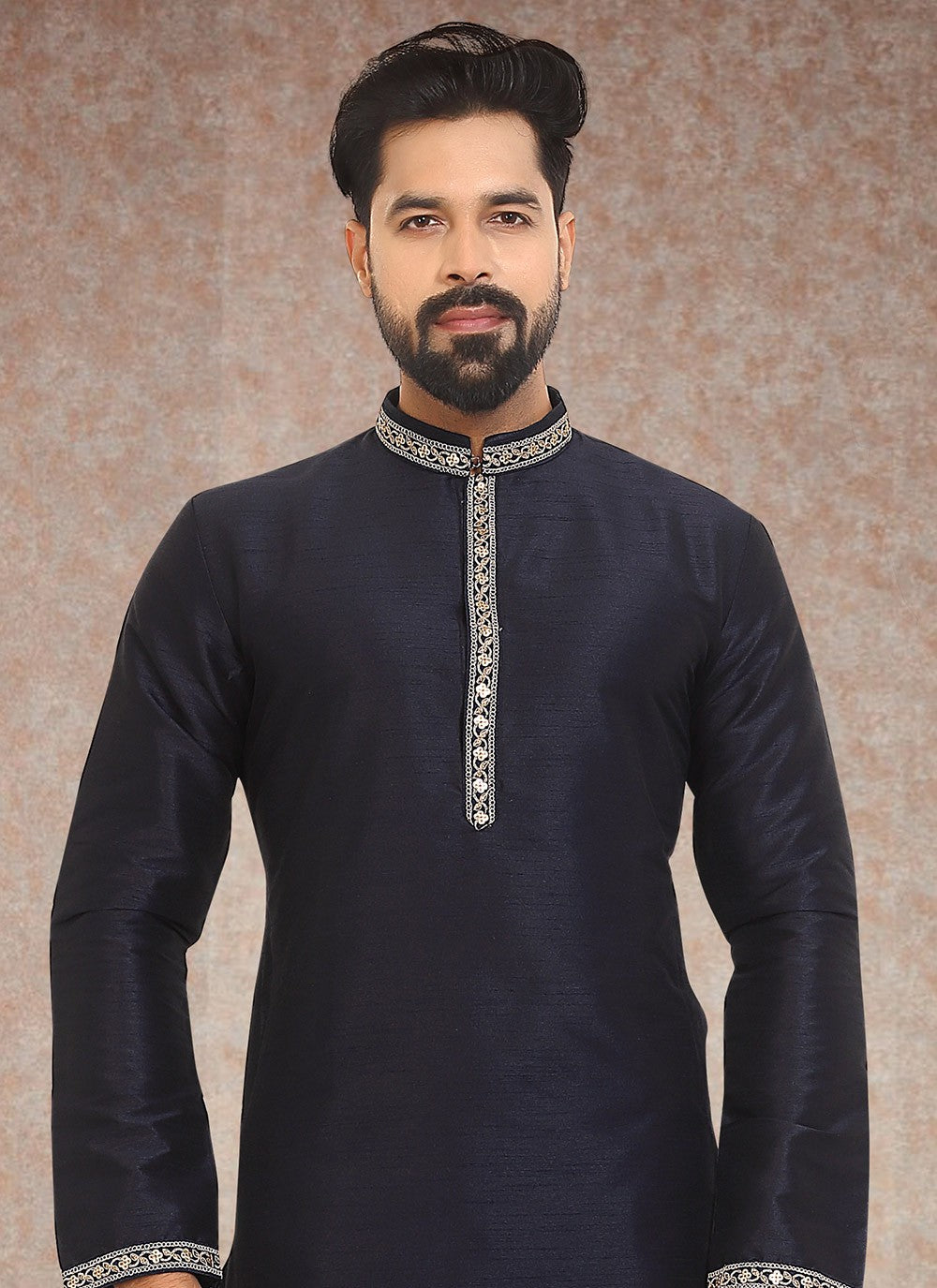Embroidered Dupion Silk Navy Blue Kurta Pyjama - M3337