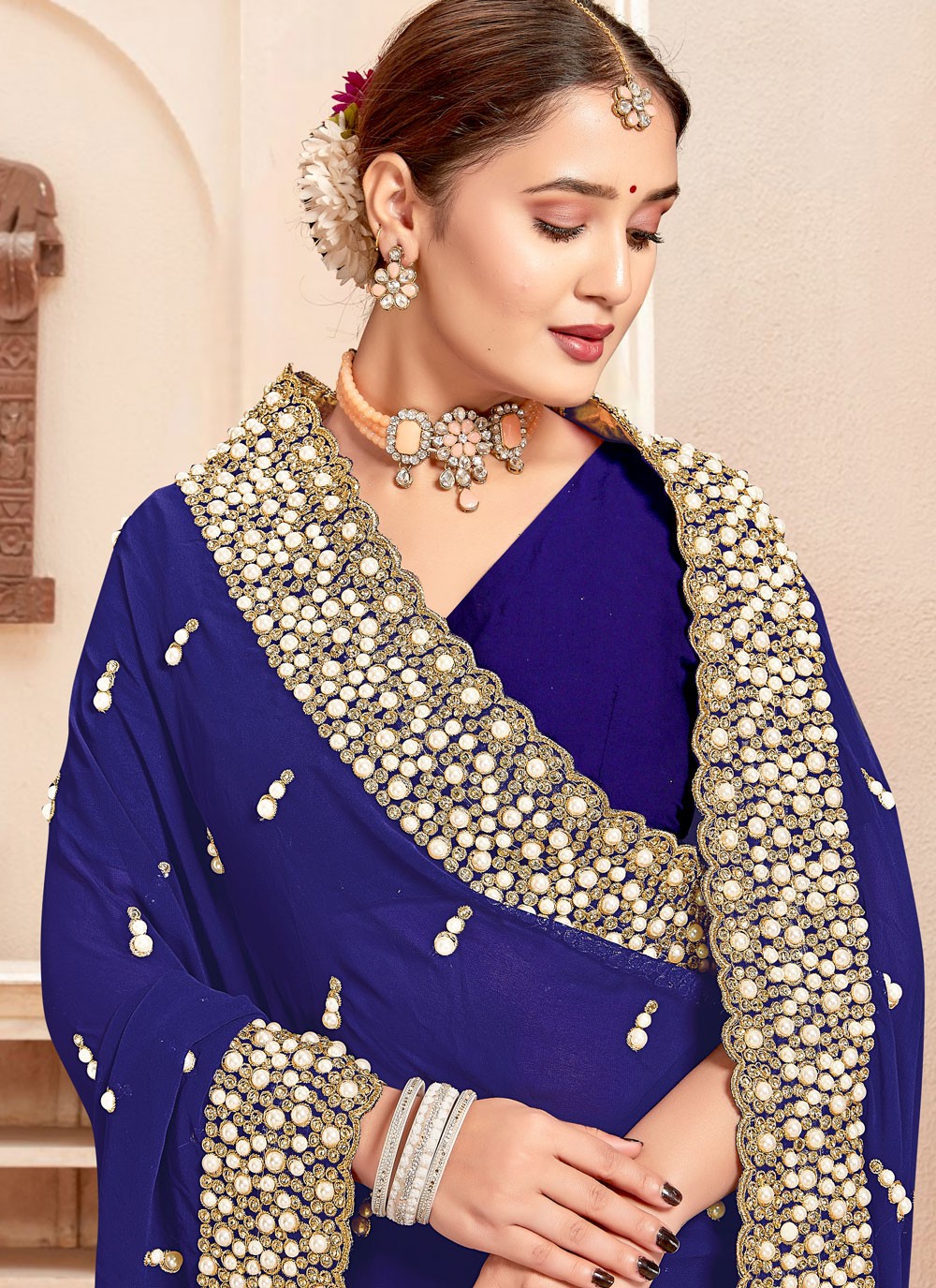 Border Work Georgette Navy Blue Saree S14641