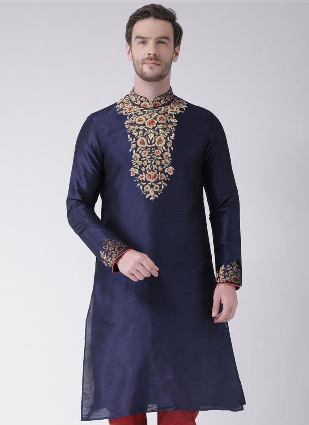 Embroidered Dupion Silk Navy Blue Angrakha - M3189