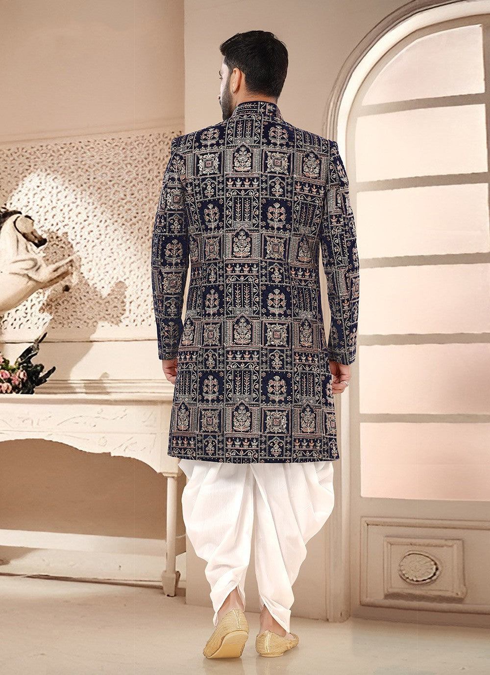 Embroidered Velvet Navy Blue Sherwani - M7582