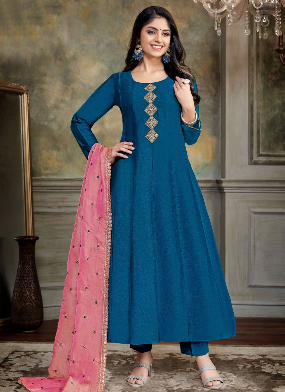 Salwar Suit Embroidered Navy Blue Jacquard T5467