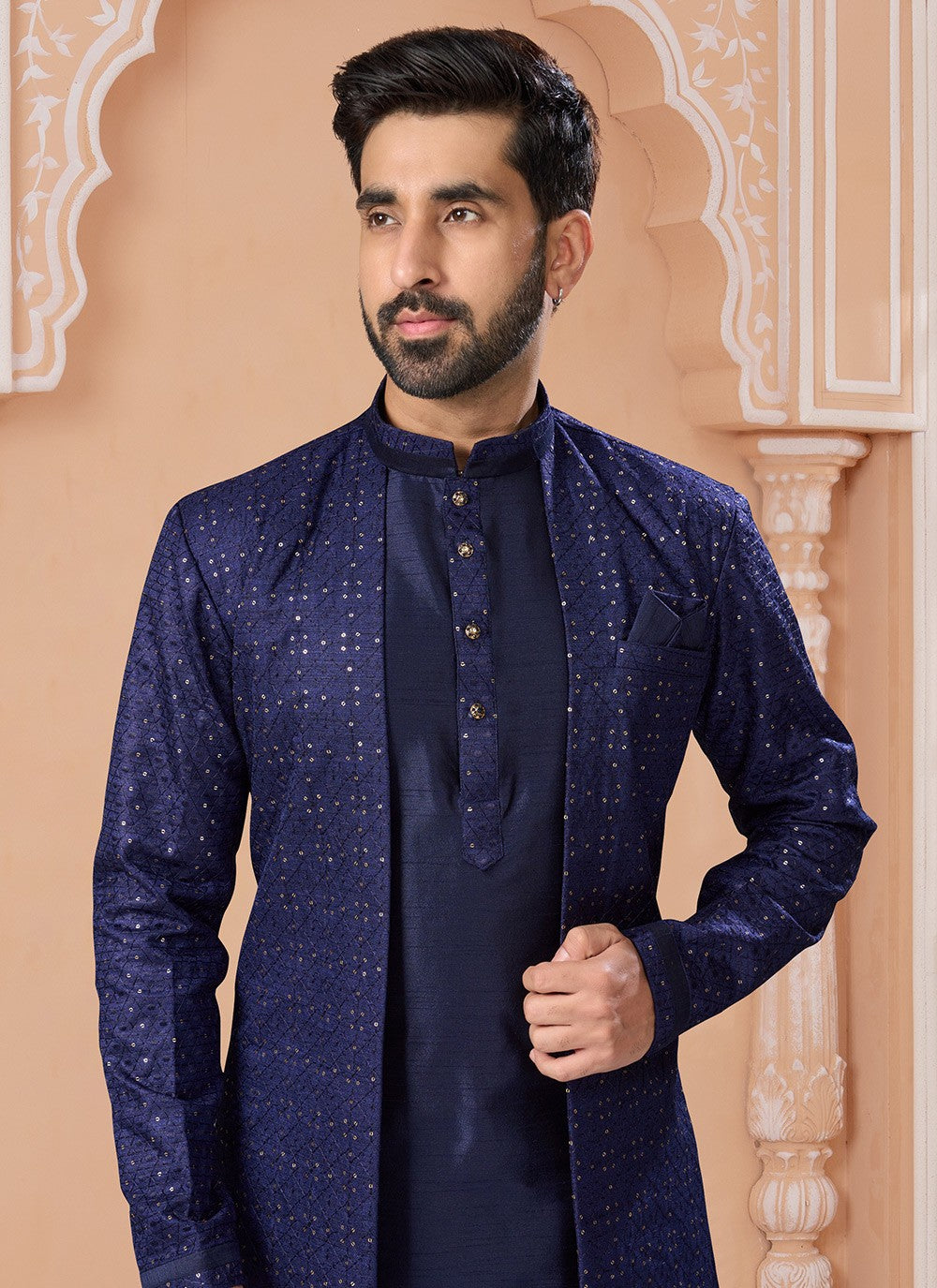 Embroidered Silk Navy Blue Indo Western Sherwani - M6881