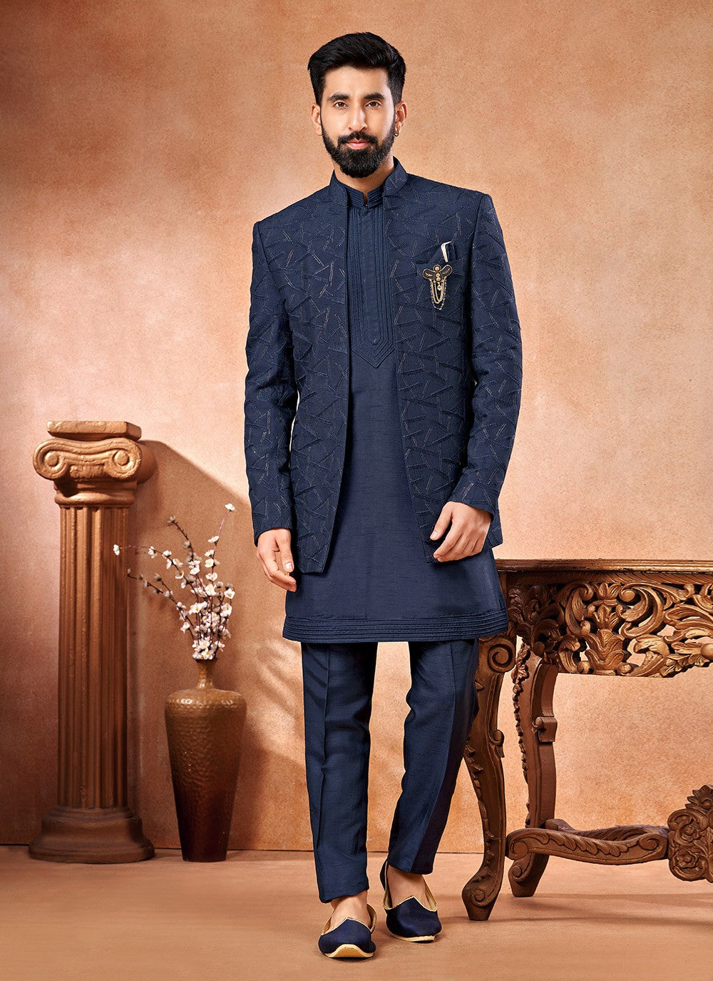 Embroidered Banarasi Silk Navy Blue Jodhpuri Suit - M6662
