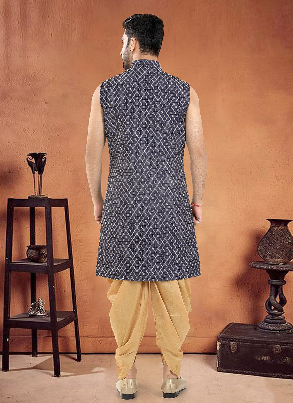 Embroidered Cotton Navy Blue Sherwani - M8123