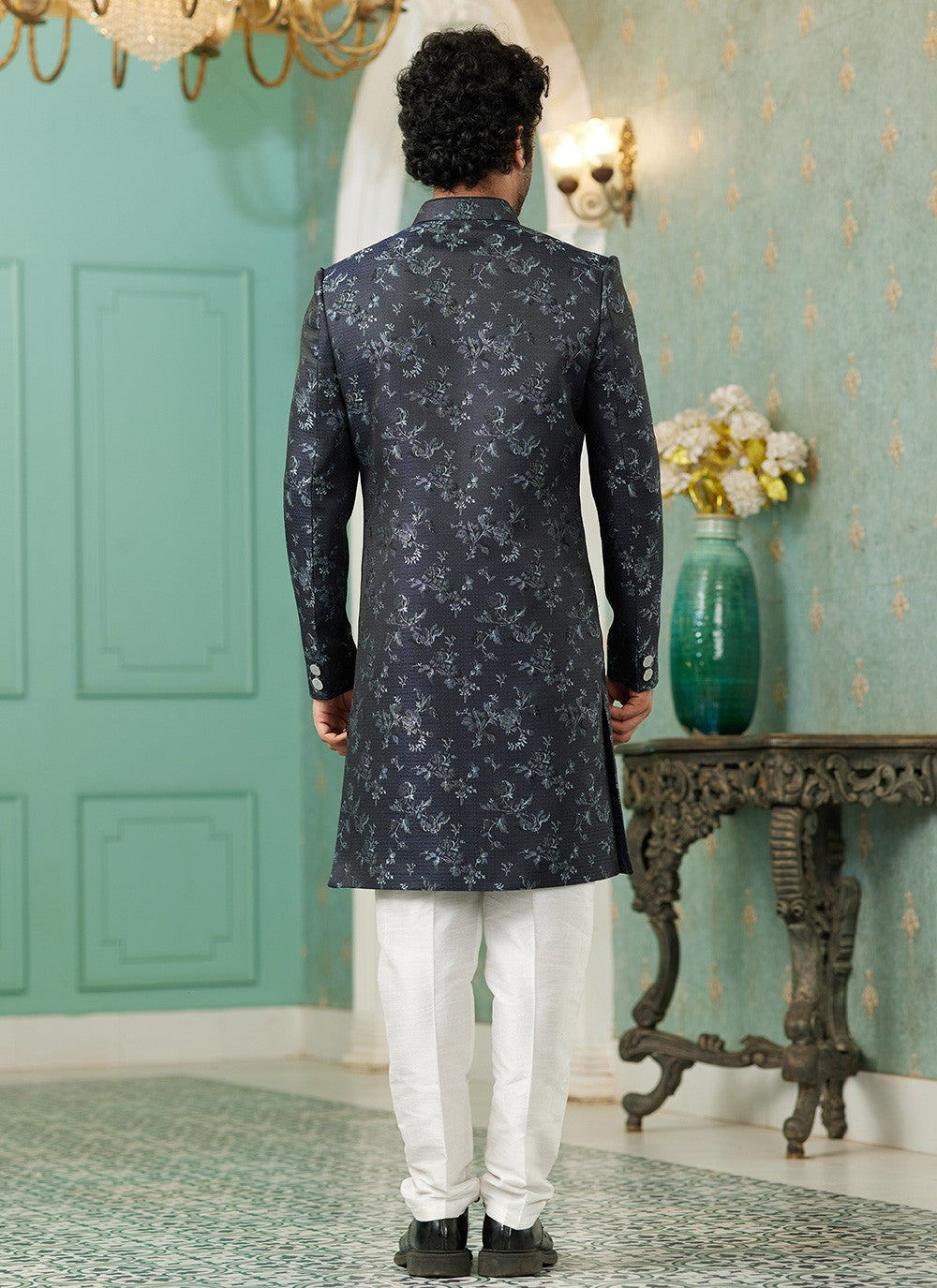 Fancy Work Imported, Jacquard Silk Navy Blue Indo Western - M6449