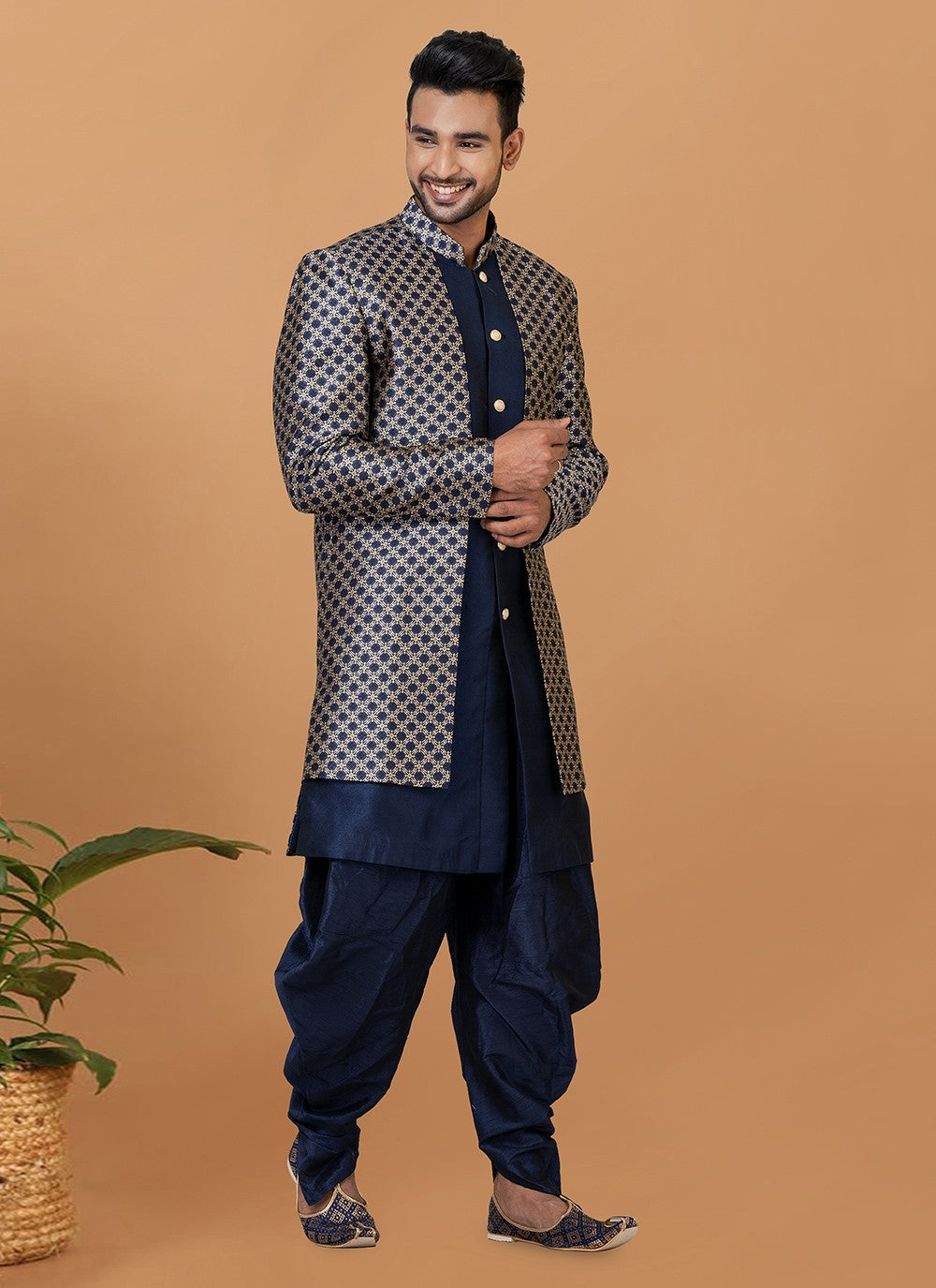 Fancy Work Dupion Silk, Jacquard Silk Navy Blue Indo Western Sherwani - M5996